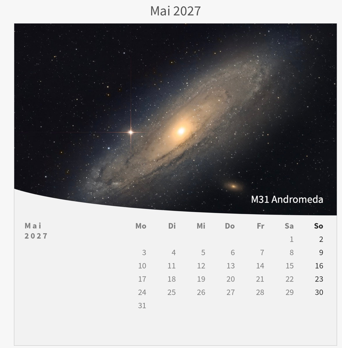 Tischkalender mit Holzsockel - Zwischen Sternen und Welten 2027